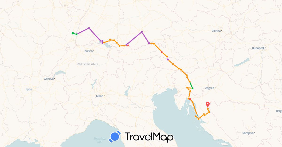 TravelMap itinerary: driving, bus, train, hiking, boat, hitchhiking in Austria, Germany, France, Croatia, Slovenia (Europe)
